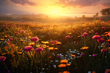 Wall Mural - a field of flowers with a single red flower in the middle.