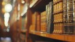 Dimly lit and out of focus the law librarys ornate wooden shelves hold an impressive collection of legal texts creating a scholarly and timeless atmosphere. .