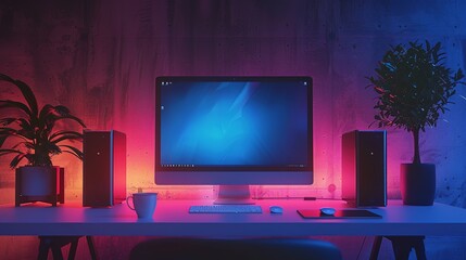Empty monitor of PC dekstop at the modern workplace neons creen concept