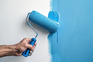 Male hand holding roller brush with blue paint on the wall