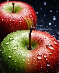 Sticker - Fresh apples with droplets of water. Close-up of fresh apples glistening with water drops. Juicy fruit background. Fruits fall into the water with splashes all over the sides.