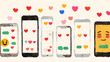 multiple smartphones with emoji and hearts