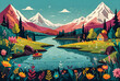 Transport viewers to a whimsical world where a character frolics by a mountain lake, surrounded by vibrant flora and fauna vector art illustration image.
