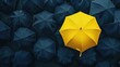 A standout scene of a bright yellow umbrella among a sea of dark umbrellas, symbolizing uniqueness and individuality.

