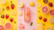 Set of fresh summer fruit drinks on multicolor backgrounds, flat lay, top view