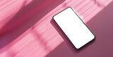 Fototapeta  - Smartphone on a minimalist pink aesthetic surface with transparent screen - easy modification