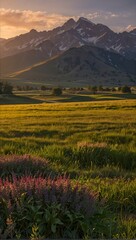 Wall Mural - A beautiful mountain range with a field of grass and flowers