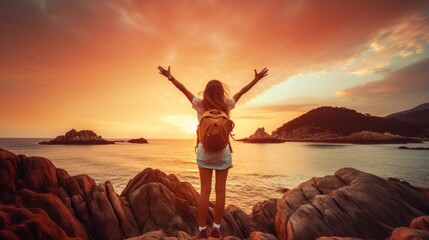 Happy woman raising arms up enjoying sunset on the beach - Delightful traveler standing with hands up looking morning sunrise - Self care, traveling, wellness and healthy life style concept