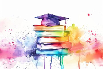 Poster - A stack of books with the top book wearing an academic cap, surrounded by watercolor splashes in rainbow colors, on a white background Generative AI