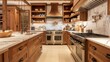 The kitchen boasts a mix of wooden cabinets in different finishes from dark cherry to light maple. The countertops are made of marble providing a beautiful contrast to the warm wooden .