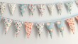 Blank mockup of a series of blank pennants arranged in a zigzag pattern and adorned with delicate floral patterns. .