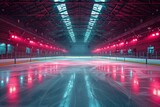 Fototapeta Przestrzenne - An empty hockey rink with a cool atmosphere, enhanced by red and blue lights casting reflections on ice