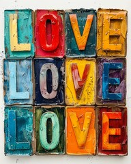 A colorful banner spelling out the word LOVE Each letter is printed on a separate rectangular card in different colors