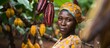 © shustrilka - black woman smiling, collecting cocoa beans fresh in the forest, elephants in the background, label, chocolate business card, raw cocoa, Ivory Coast, Africa