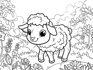 Cartoon farm animal sheep in the garden. Children coloring book. Generative ai.