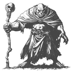 ogre mage or necromancer with magical staff images using Old engraving style