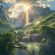 3d rendered photo of Majestic magical fantasy landscape with mountains river water