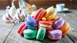 A pile of colorful french macaroons
