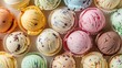 Variety of ice cream scoops up close Array of colorful ice cream flavors from above