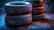Stack of New Car Tires in Moody Lighting. Concept Automotive Photography, Tire Shop Aesthetics, Industrial Vibes