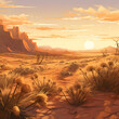 Illustration of dried plants in the desert dune at sunset