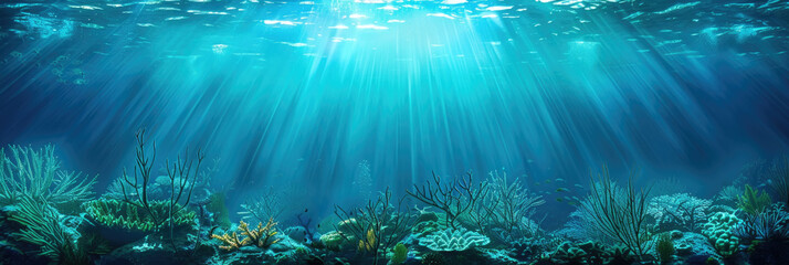 Wall Mural - Sunlight filters through the clear water, illuminating a vibrant coral reef teeming with marine life