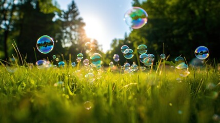 Soap bubbles on green grass in the park. Blurred background