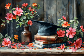 Wall Mural - Graduation cap with books and vibrant hibiscus flowers, educational art.