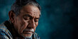 The portrait captures the depth of a sorrowful Hispanic elder, his face a map of life's experiences, set against a contemplative dark blue backdrop, evoking a story of wisdom and quiet introspection.