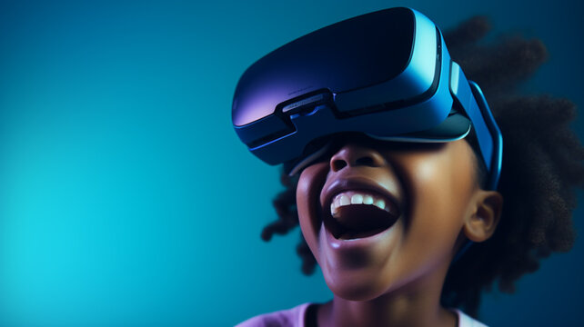 Having fun african american girl in VR goggles smiling while exploring cyberspace on color background.

