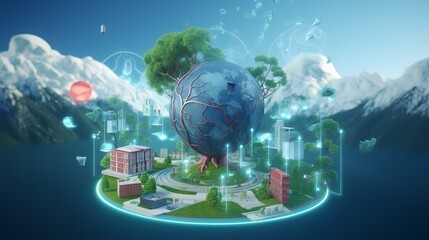 Wall Mural - Industrial building with planet earth on the background. 3d rendering