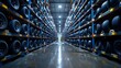 Symmetrical Tire Warehouse Aisle with Ample Storage Space. Concept Industrial Architecture, Warehouse Storage, Symmetrical Design, Tire Aisle, Ample Space