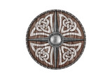 Fototapeta  - Old decorated viking wooden round shield isolated on white background