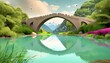 A majestic stone bridge spanning over tranquil waters, its arches illuminated by the golden glow of the sun, creating a picturesque scene reminiscent of timeless beauty. Generative AI
