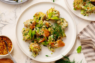 Canvas Print - Potato salad with smoked mackerel and celery.top veiw.