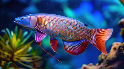 Portrait beautiful red Arowana fish in blue aquarium water light background. AI generated