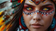 young girl adorned with tribal makeup and feather headdress in warm sunlight, native american tribe
