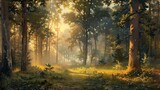Fototapeta  - Beautiful scene morning in the green forest with sunlight landscape. AI generated image