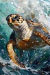Abstraktes Gemälde mit Spachteltechnik zeigt eine ins Wasser tauchende Meeresschildkröte