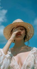 Wall Mural - Woman in White Dress and Straw Hat