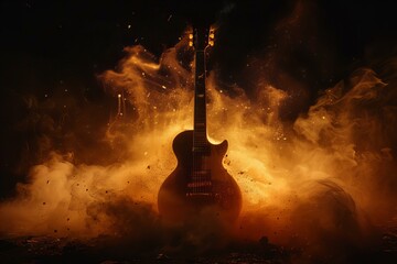 Wall Mural - Guitar on fire on dark background