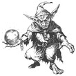 goblin mage or necromancer with magical orb images using Old engraving style
