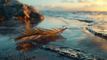 Wall Mural - A feather laying on the beach next to a body of water, AI