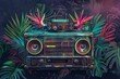 Vintage retro boombox tape recorder with tropical elements in the style of a collage, colorful, on a dark background, for a poster design, digital art illustration, vector graphic, 3D render, detailed