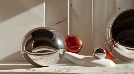 Wall Mural - 3D rendering of a group of reflective spheres on a glossy white surface.