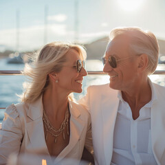 a wealthy, well dressed, attractive retired couple looking at eachother smiling on a yacht in the sunshine