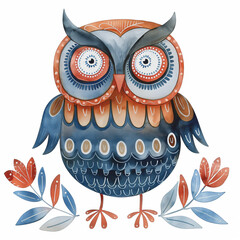 Wall Mural - watercolor scandinavian folk art owl illustration, blue and light red colors