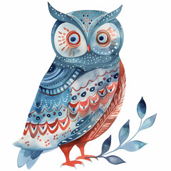 Wall Mural - watercolor scandinavian folk art owl illustration, blue and light red colors