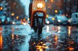 A vibrant scene capturing a wet urban street with an orange scooter splashing through puddles under evening city lights