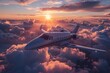 A luxurious private jet flies high among breathtaking clouds illuminated by a stunning sunset
